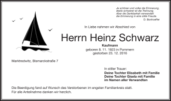 Traueranzeige von Heinz Schwarz von Frankenpost