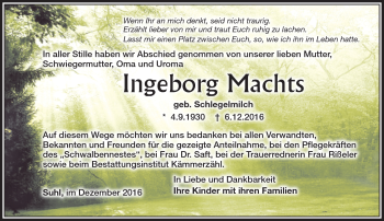 Traueranzeige von Ingeborg Machts von Südthüringer Presse