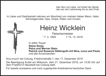 Traueranzeige von Heinz Wicklein von Neue Presse Coburg
