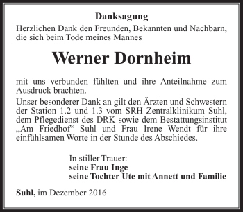 Traueranzeige von Werner Dornheim von Südthüringer Presse