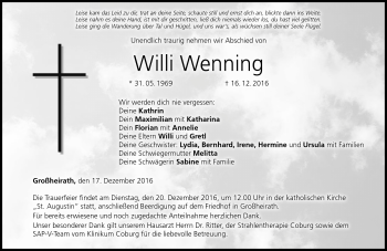 Traueranzeige von Willi Wenning von Neue Presse Coburg