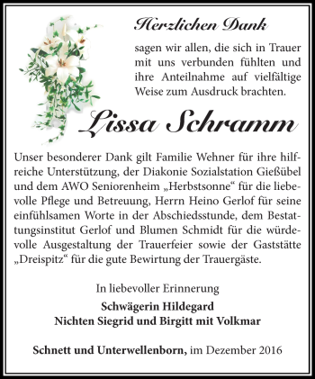 Traueranzeige von Lissa Schramm von Südthüringer Presse