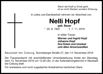 Traueranzeige von Nelli Hopf von Neue Presse Coburg