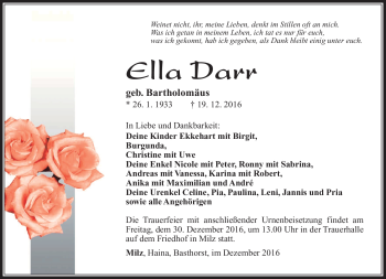 Traueranzeige von Ella Darr von Südthüringer Presse
