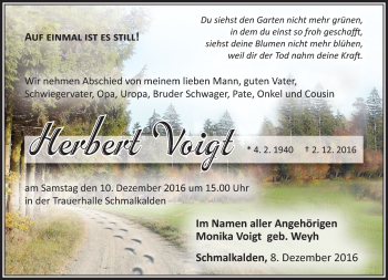 Traueranzeige von Herbert Voigt von Südthüringer Presse