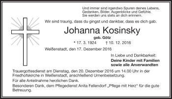 Traueranzeige von Johanna Kosinsky von Frankenpost