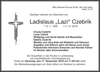 Traueranzeige von Ladislaus Czebrik von Frankenpost