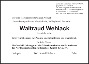 Traueranzeige von Waltraud Wehlack von Südthüringer Presse