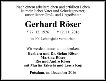 Traueranzeige von gerhard Röser von Südthüringer Presse