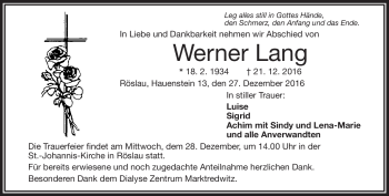 Traueranzeige von Werner Lang von Frankenpost