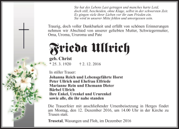 Traueranzeige von Frieda Ullrich von Südthüringer Presse