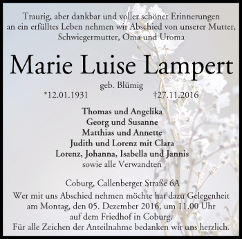 Traueranzeige von Marie Luise Lampert von Neue Presse Coburg