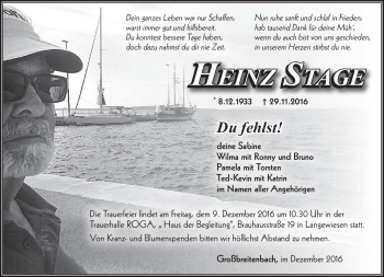 Traueranzeige von Heinz Stage von Südthüringer Presse