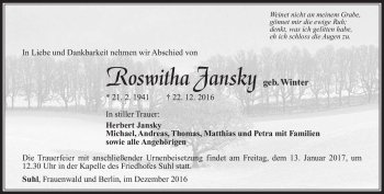 Traueranzeige von Roswitha Jansky von Südthüringer Presse