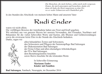 Traueranzeige von Rudi Ender von Südthüringer Presse