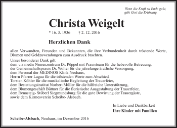Traueranzeige von Christa Weigelt von Südthüringer Presse