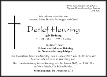 Traueranzeige von Detlef Heuring von Südthüringer Presse