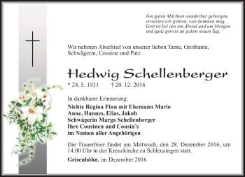 Traueranzeige von Hedwig Schellenberger von Südthüringer Presse