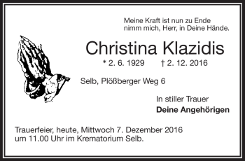 Traueranzeige von Christina Klazidis von Frankenpost