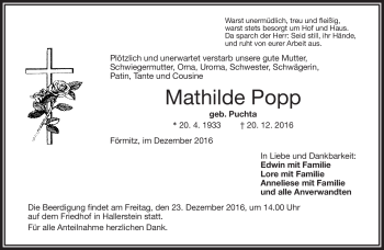 Traueranzeige von Mathilde Popp von Frankenpost