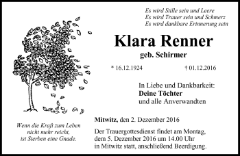 Traueranzeige von Klara Renner von Neue Presse Coburg