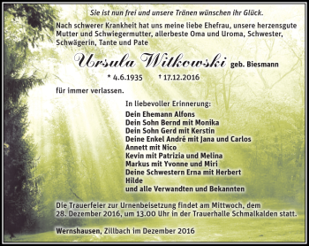 Traueranzeige von Ursula Witkowski von Südthüringer Presse