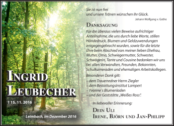 Traueranzeige von Ingrid Leubecher von Südthüringer Presse