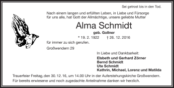 Traueranzeige von Alma Schmidt von Frankenpost