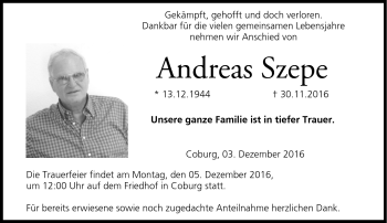 Traueranzeige von Andreas Szepe von Neue Presse Coburg
