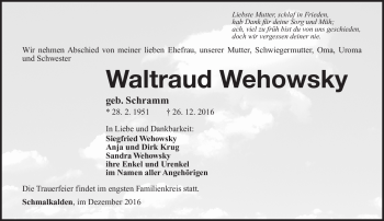 Traueranzeige von Waltraud Wehowsky von Südthüringer Presse