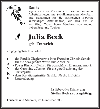 Traueranzeige von Julia Beck von Südthüringer Presse
