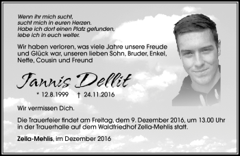 Traueranzeige von Jannis Dellit von Südthüringer Presse