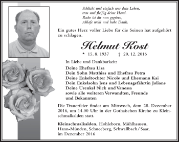 Traueranzeige von Helmut Kost von Südthüringer Presse