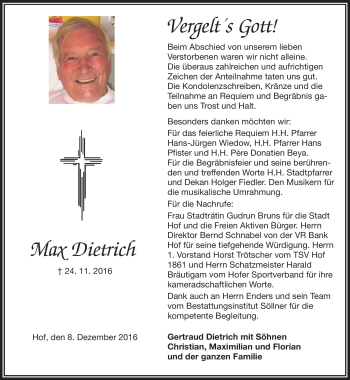 Traueranzeige von Max Dietrich von Frankenpost