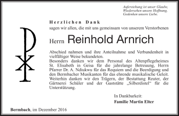 Traueranzeige von Reinhold Arnich von Südthüringer Presse