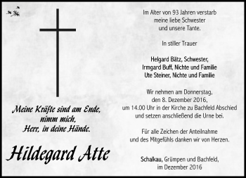 Traueranzeige von Hildegard Atte von Südthüringer Presse