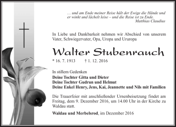 Traueranzeige von Walter Stubenrauch von Südthüringer Presse