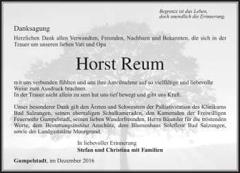 Traueranzeige von Horst Reum von Südthüringer Presse