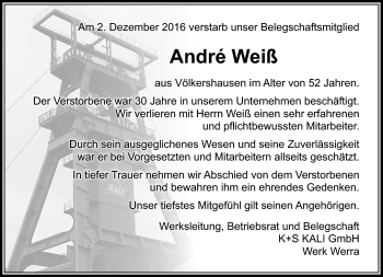 Traueranzeige von Andre Weiß von Südthüringer Presse