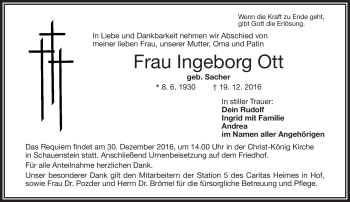 Traueranzeige von Ingeborg Ott von Frankenpost
