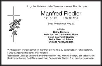 Traueranzeige von Manfred Fiedler von Frankenpost