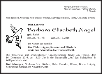 Traueranzeige von Barbara Elisabeth Nagel von Südthüringer Presse