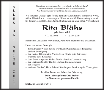 Traueranzeige von Rita Blähs von Südthüringer Presse