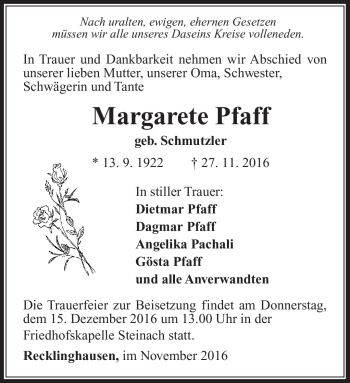 Traueranzeige von Margarete Pfaff von Südthüringer Presse