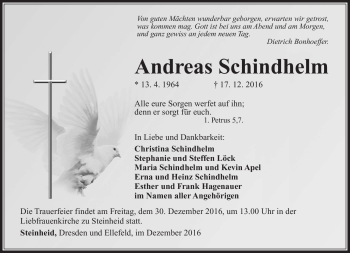 Traueranzeige von Andreas Schindhelm von Südthüringer Presse