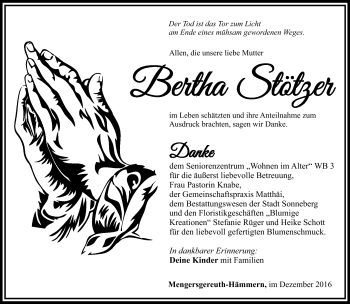 Traueranzeige von Bertha Stötzer von Südthüringer Presse