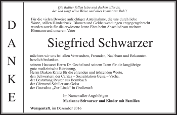 Traueranzeige von Siegfried Schwarzer von Südthüringer Presse