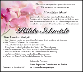 Traueranzeige von Hilde Schmidt von Südthüringer Presse