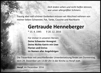Traueranzeige von Gertraude Henneberger von Südthüringer Presse