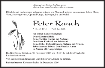 Traueranzeige von Peter Rauch von Südthüringer Presse